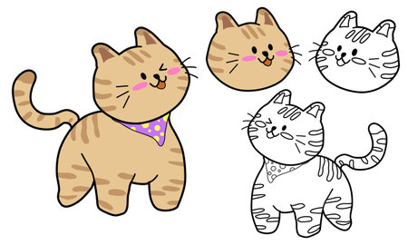 Cute cartoon cat with different expressions. Vector illustration for children. Winking Cat Character_Cheese Tabby_Line Drawingのイラスト素材