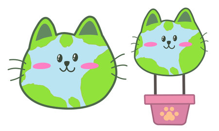 Cute kawaii cat in a pot. Vector illustration. Earth Cat Character Hot Air Balloon and Earth Cat Face Characterのイラスト素材