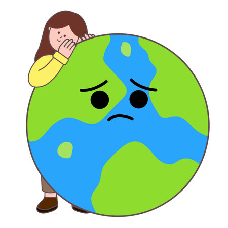 Sad woman is holding a globe. Vector illustration on white background.のイラスト素材