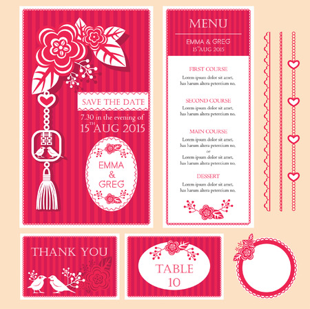 Wedding invitation card, table number card, thank you card and menu in Chinese paper cut style with pink floral ornaments. Double birds and chain with hearts ornaments.のイラスト素材