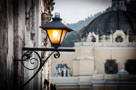 Decorative street light in Antigua, Guatemalaの写真素材