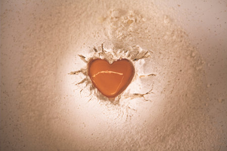 Heart-shaped egg yolk nestled in flour â symbol of love for cooking and homemade baking, warm and romantic culinary concept.の写真素材