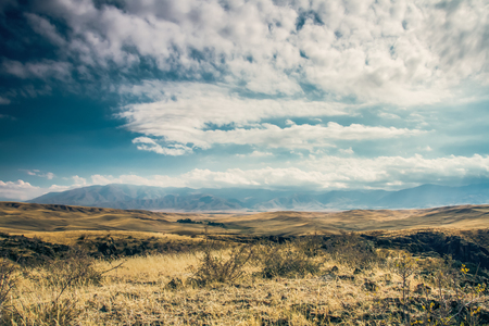 White mountains far and yellow fieldの写真素材