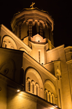 Night view of the Holy Trinity Cathedral in Tbilisi. Georgia