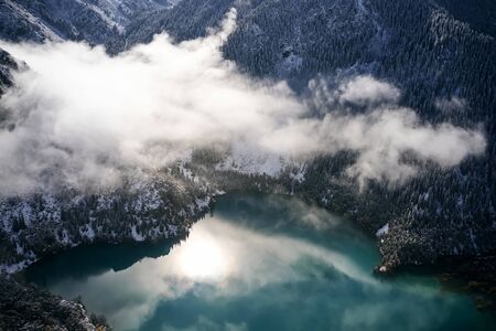Aerial view of scenic winter landscape at Issyk Lake, Almaty, Kazakhstanの写真素材