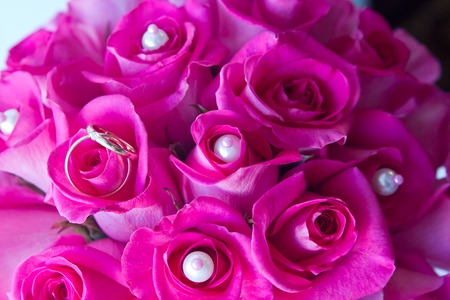 gold wedding rings on petals of roses.の写真素材