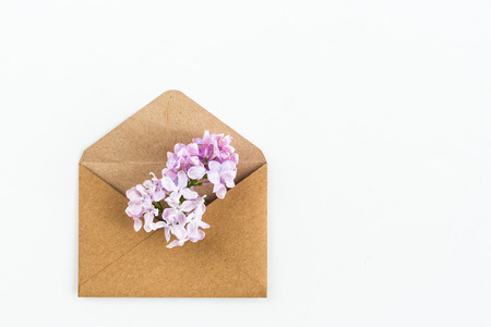 close up of opened craft paper envelope filled with spring blossom soft pale purple lilac flowers laying on white background. top view. concept of love and proposal. Flat lay. womens day. mothers day.の写真素材