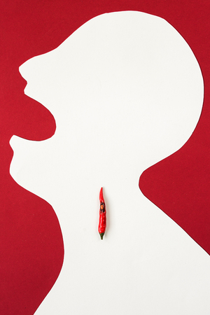 the contour of the person cut from white paper on a red background with an open mouth and hot red pepper lying inside him. cold concept, sore throat, burning in a throat, top view, flat lay.の写真素材