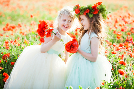 little girl model, childhood, fashion, summer concept - girly games on the field of poppies, laughing girls in white and blue dresses with a flowers and a wreath of poppy on the headの写真素材