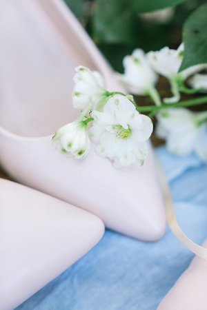 clothing, flora, spring concept. close up of tiny cute flowers of snowy white colour with yellow center and green dots on the leaves of bud, it placed on the ballet pink pointed shoeの写真素材