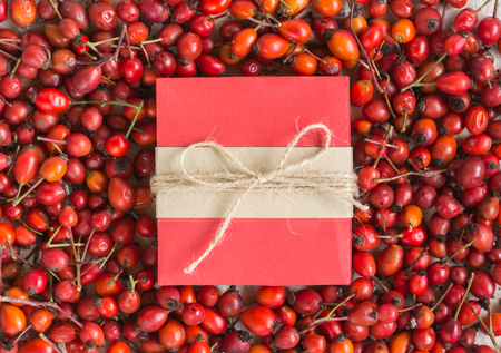 fall, wedding polygraphy, congratulation concept. piece of pink very textured paper wrapped with rough rope with bow placed before bright and delicious background composed of red berries of rosehipの写真素材