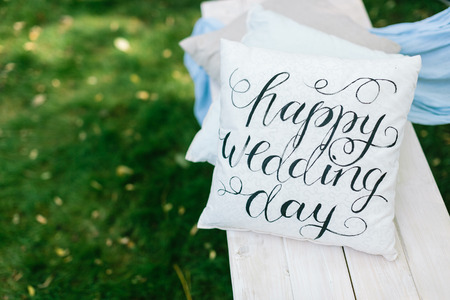 nature, design, engagement concept. wedding party in the countryside usually decorated with various...