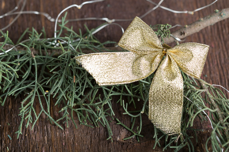 winter, environment, floral design concept. on the wooden surface of table there is branch of...