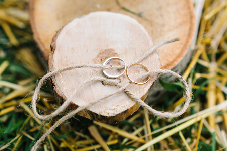 marriage, accessories, jewelry concept. there are two gorgeous engagement rings of silver and gold on the wooden slices of trees, they are tied with rough ropeの写真素材