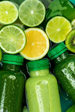 diet concept, good nutrition, vegetarian background. close-up of fresh chilled green detox-smoothies .の写真素材