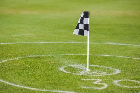 Flag on a green golf course, white circles and number 30. Concept golf play and learning.