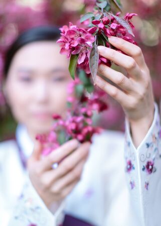 Cropp of Asian girl in a traditional kimono. Focus on on hands gently touch and hold a branch of blossom sakura tree. Concept of freshness, spring and a subtle pleasant aromaの写真素材