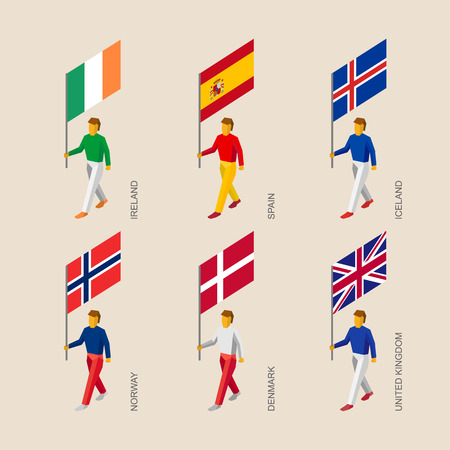Set of isometric 3d people with flags. Standard bearers infographic - Denmark, United Kingdom (England), Spain, Norway, Ireland, Iceland.のイラスト素材