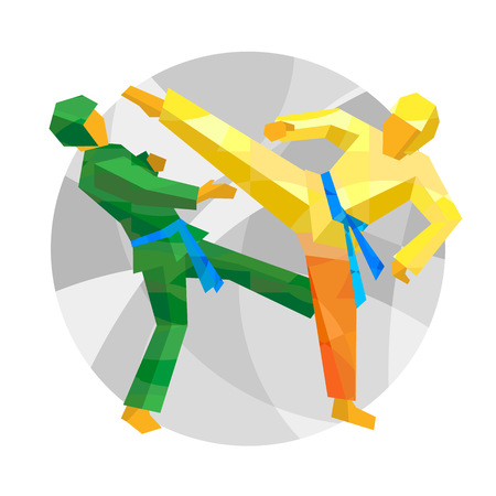 Two taekwondo fighters with abstract patterns. Flat athlete icon - vector clip art. Sport Infographic - martial arts.のイラスト素材