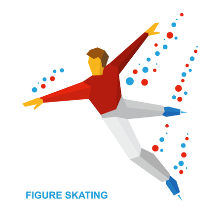 Winter sports - men's single skating. Cartoon figure skater training. Athlete in green and yellow skate on ice, isolated on white background. Flat style vector clip art.のイラスト素材