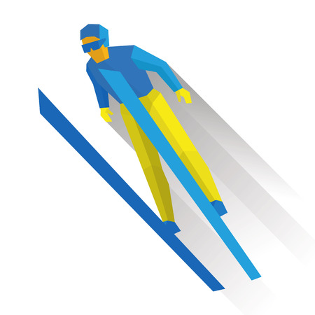 Winter sports - ski jumping. Cartoon skier in blue and yellow during a jump. Flat style vector clip art isolated on white backgroundのイラスト素材