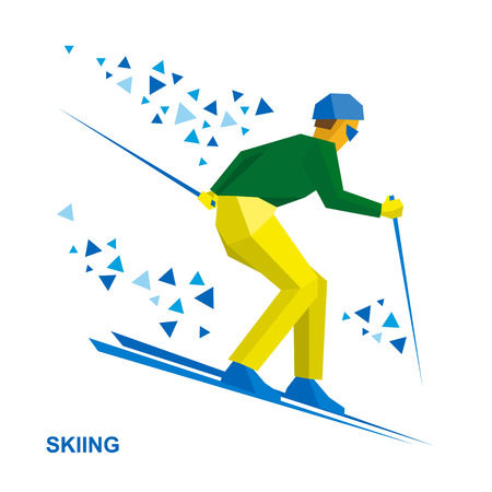 Winter sports - Skiing. Skier running downhill. Cartoon sportsman ski slope down from the mountain. Flat style vector clip art isolated on white background.のイラスト素材