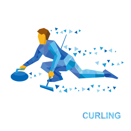 Winter sports - curling. Cartoon player slide stone. Curler with broom in hand sitting on ice. Flat style vector clip art isolated on white background.のイラスト素材