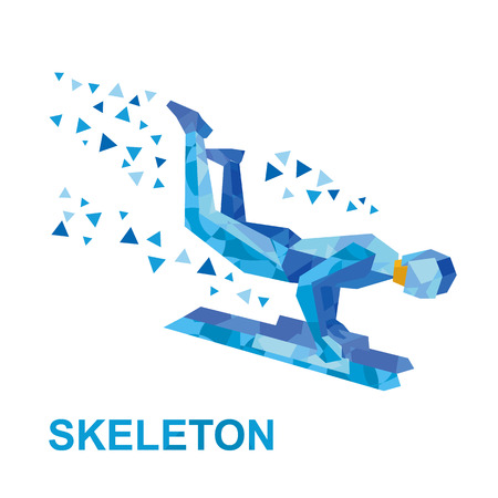 Winter sports - skeleton. Cartoon sportsman in white and red jump on sled (bobsled). Flat style vector clip art isolated on white backgroundのイラスト素材