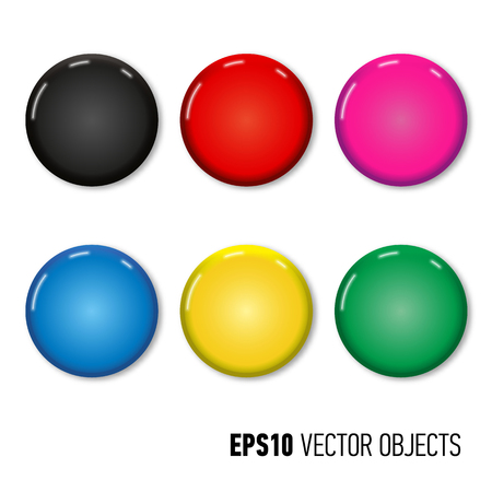 Set of six colored pin magnets (badges). Office equipment. Realistic vector illustration.のイラスト素材