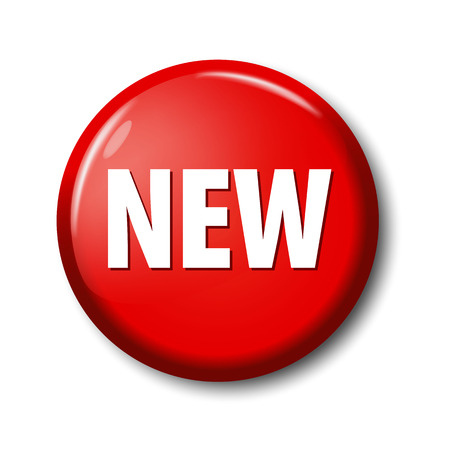 Bright red round button with word 'New'. Circle label for new products in online shops. Design elements on white background with transparent shadow.のイラスト素材