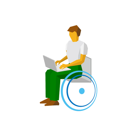 Man in wheelchair working with computer. Paralyzed person types on laptop. Physically disabled communication. Simple style vector clip art isolated on white background.のイラスト素材