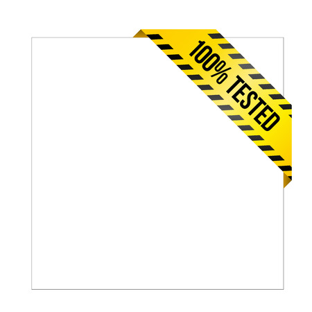 Yellow caution tape with words '100% tested'. Corner label painted like danger ribbon. Warranty tag for online shops, car services, industrial and engineering companies. Isolated on white background.のイラスト素材
