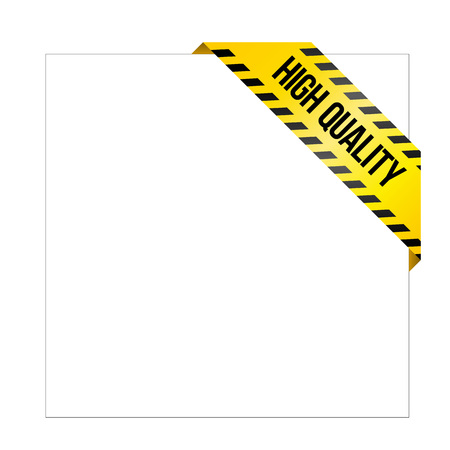 Yellow caution tape with words 'High Quality'. Corner label painted like danger ribbon. Tag for online shops, car services, industrial and engineering companies. Isolated on white background.のイラスト素材