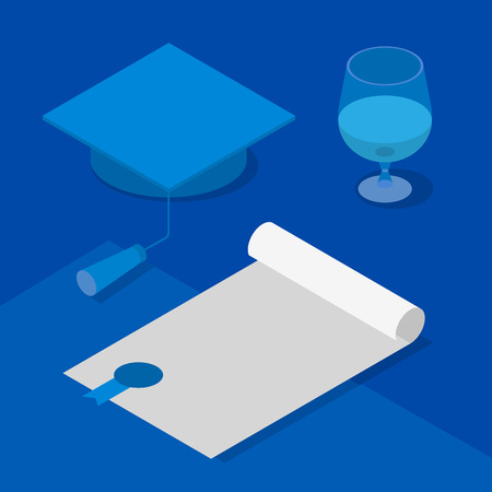Graduation cap, certificate and wineglass. Concept - celebration reception of scientific degree, success in science. Isometric 3D vector clip art in blue colors.のイラスト素材