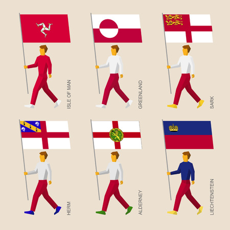 Set of simple flat people with flags of countries and islands. Standard bearers infographic - Greenland, Liechtenstein, Isle of Man, Herm, Sark, Alderneyのイラスト素材