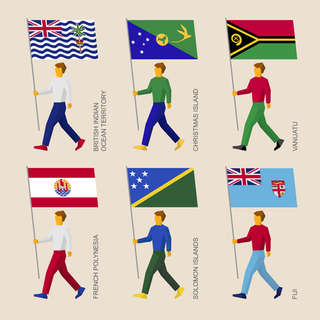 Set of simple flat people with flags of countries in Oceania. Standard bearers infographic - Vanuatu, Fiji, French Polynesia, Solomon Islands, Christmas Island, British Indian Ocean Territoryのイラスト素材