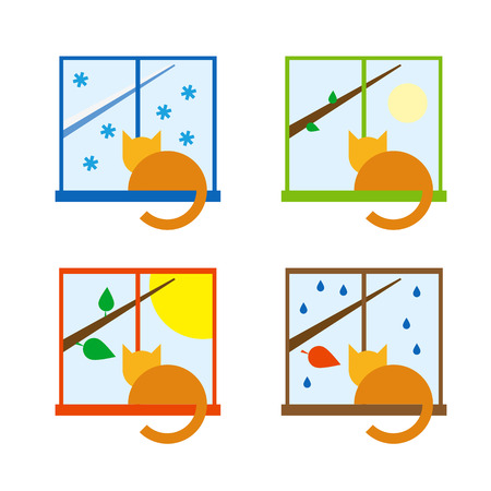 Four season set with pet. Cat sitting on a windowsill and looking out the window. Winter, spring, summer and autumn.のイラスト素材