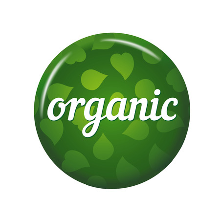 Bright green round button with words 'Organic'. Isolated on white background. Circle label for natural food or over health products. Ecological tag.のイラスト素材