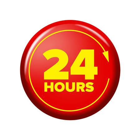 Bright red button with words '24 hours' and arrow. Work time circle label for posters and banners. Day and night open tag. Design element on white background.のイラスト素材