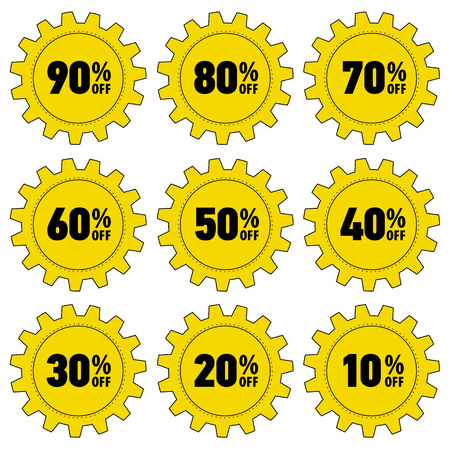 Metal gears with discount offers from 90 to 10 percent. Yellow sale tags on white background for industrial and engineering companies, car shops, part stores. Realistic vector illustration.のイラスト素材