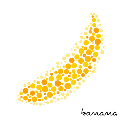 Yellow banana silhouette created from dots. Lot of round particles in the shape of fruit. Organic food concept. Vector symbol for logo or label. Isolated on white background.のイラスト素材