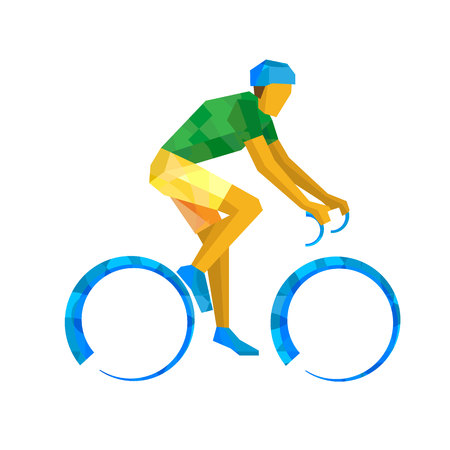 Vector illustration - Road Cycling. Cyclist on bicycle with bright patterns, isolated on white background. Flat athlete icon. Character on bike for sport logo. Simple sign for Infographic.のイラスト素材