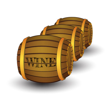 Three wooden barrels with label 'Wine'. Isolated on white background with shadows. Cartoon vector illustration.のイラスト素材