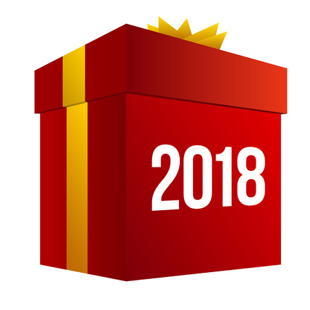 New year shopping. Big red present box with numbers 2018. Isolated on white background. Holiday gifts concept. Vector clip art with gradients, celebration sign for online shops.のイラスト素材