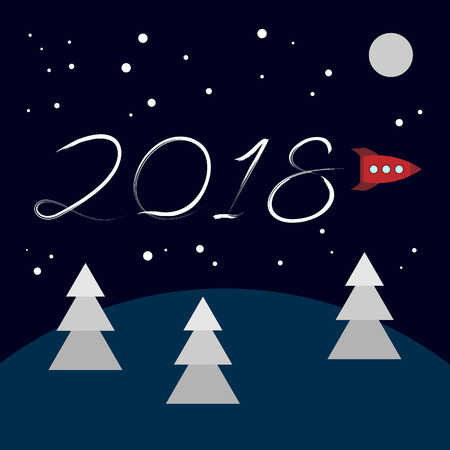 New Year concept - cartoon rocket left a trace in the form of numbers 2018. Flat vector clip art. Retro toy spaceship write in the sky. Template for greeting card cover.のイラスト素材