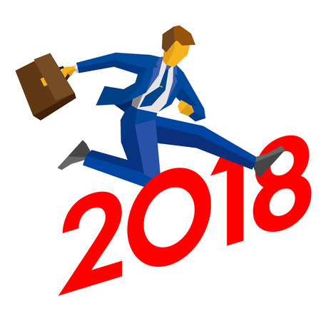 Businessman jump over number 2018. Man crosses the borderline, career success. New year concept for greeting card, poster or annual report. Isometric vector clip art, isolated on white background.のイラスト素材
