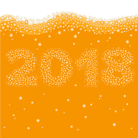 Happy New Year 2018 concept. Number created of bubbles inside orange liquid - juice, beer or champaign. Celebration logo or xmas poster template.のイラスト素材