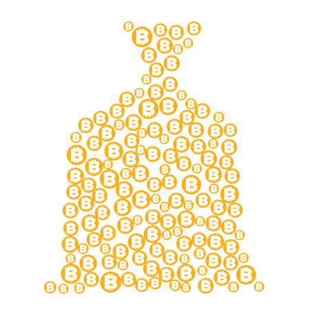 Money bag silhouette created from gold coins with bitcoin signs. Business or financial concept - profit. Simple flat vector illustration isolated on white background.のイラスト素材