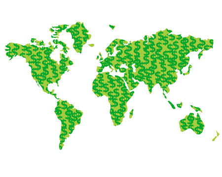 World map silhouette created from coins with green dollar signs. Business or financial concept - global economics. Simple flat vector illustration isolated on white background.のイラスト素材