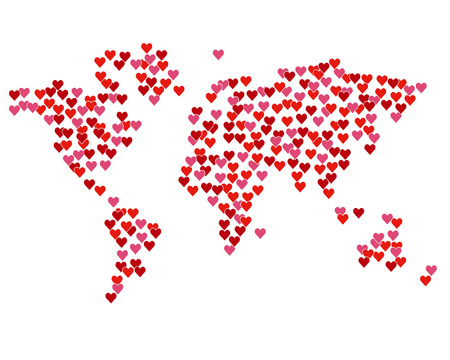 Map of the world created from red hearts. Isolated on white. Lot of love symbols, romantic concept. Design element for Valentines day card or poster.のイラスト素材